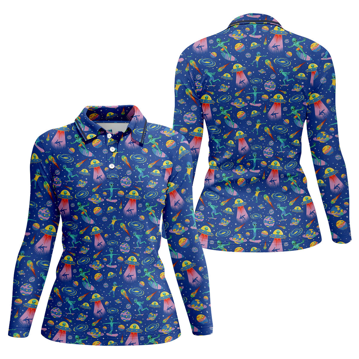 Surfing Alien Space Galaxy Hawaiian Golf Shirt, Golf Shirts For Women, Performance Golf Shirt