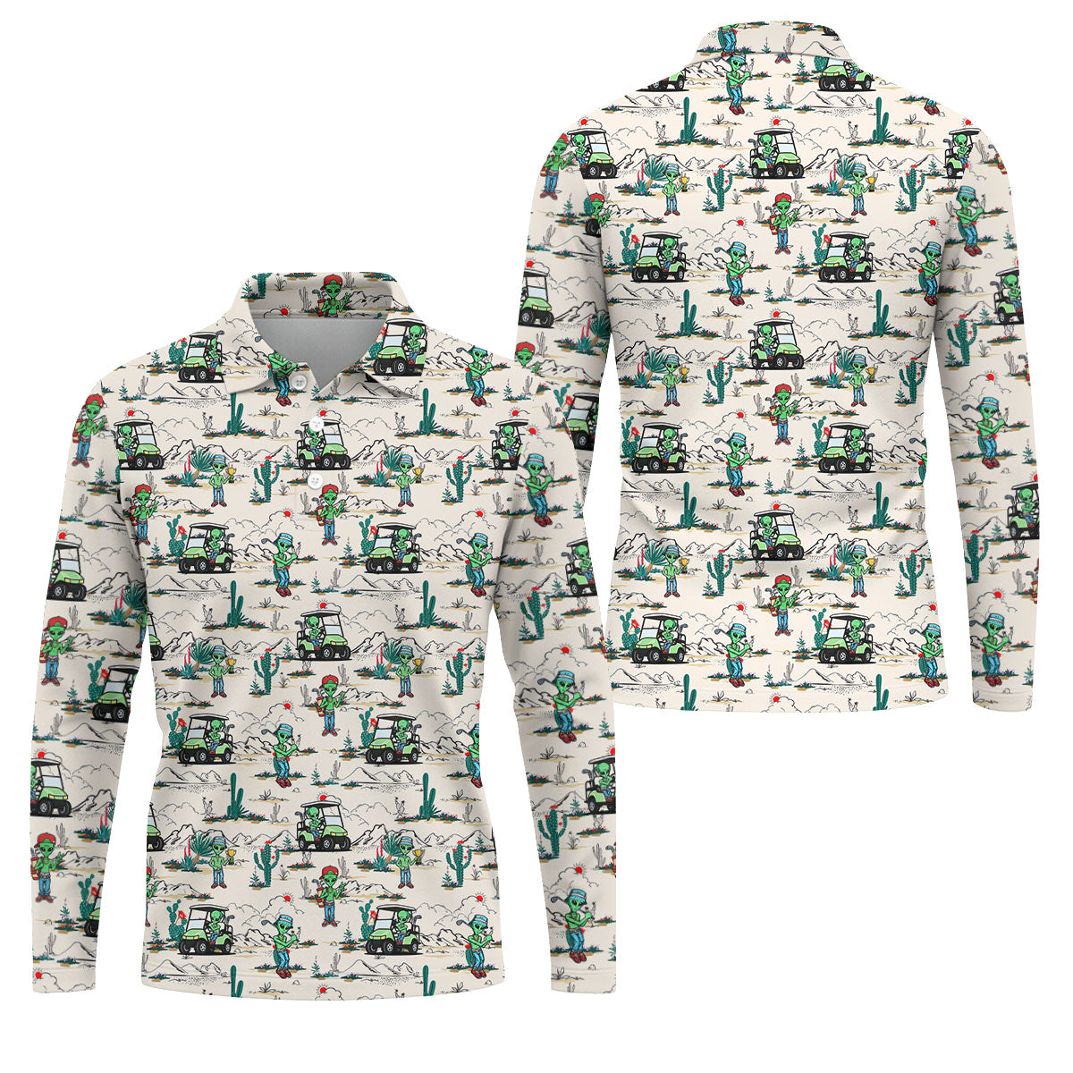 Beige Alien Desert Golf Pattern Golf Polo Shirt, Golf Polo Shirts For Men, Hawaiian Golf Shirt