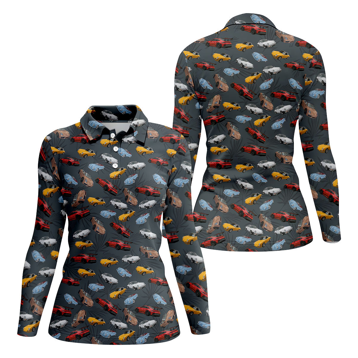 Charcoal Vintage Sports Car Pattern Golf Polo Shirt, Golf Shirts For Women, Women's Golf Polo