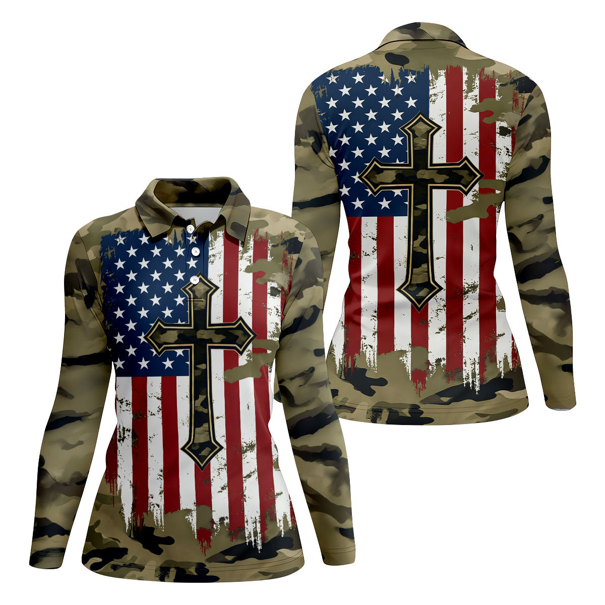 Faith Cross Green Camouflage US 250th Anniversary Golf Shirt, Patriotic Golf Shirt, Golf Shirts For Women