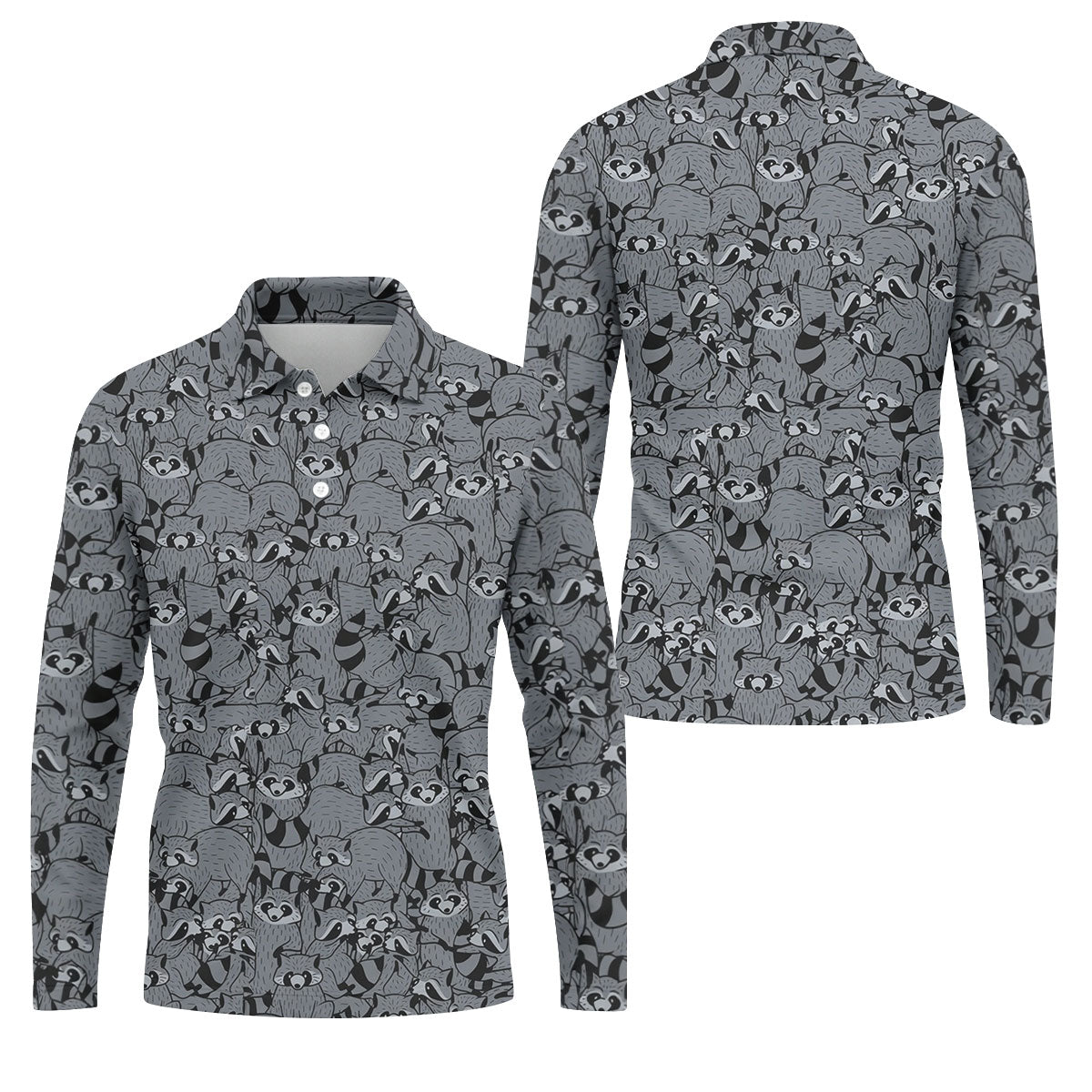 Gray Cartoon Raccoon Pattern Golf Polo Shirt, Men's Golf Shirt, Golf Polo Shirts For Men