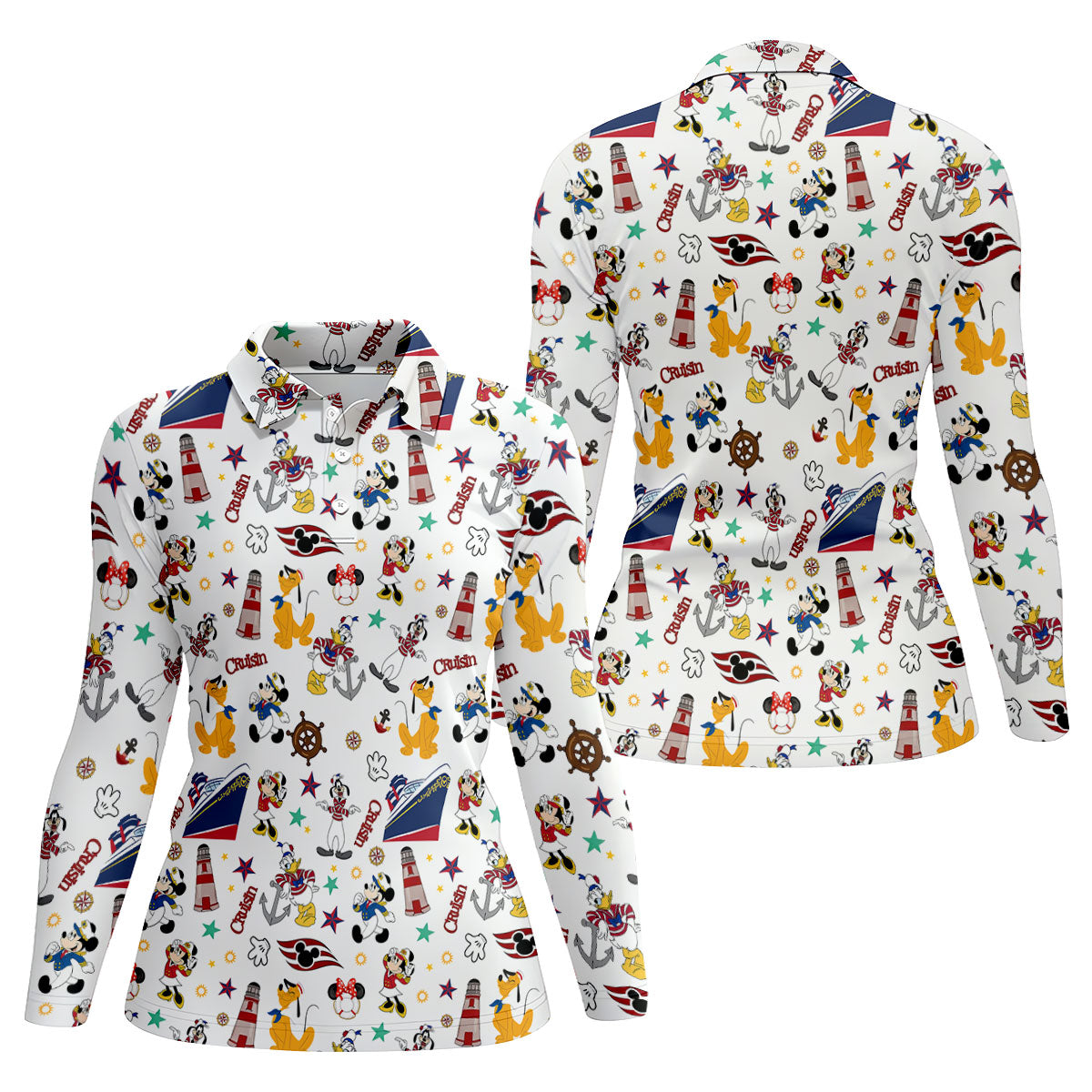 Cartoon Cruise Vacation Pattern Golf Polo Shirt, Golf Shirts For Women, Women’s Golf Polo
