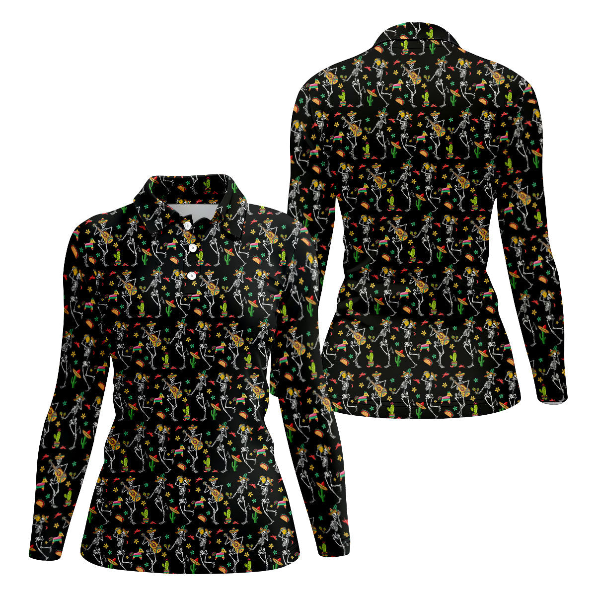 Dia De Muertos Skeletons Cinco De Mayo Celebration Fiesta Themed Black Golf Shirt For Women