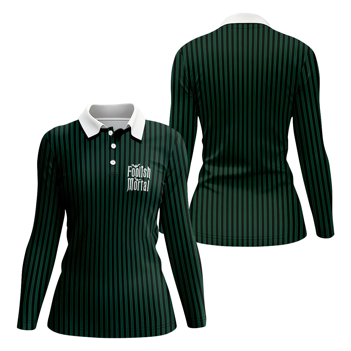Green Foolish Mortal Striped Golf Polo Shirt, Golf Shirts For Women, Halloween Tops For Women