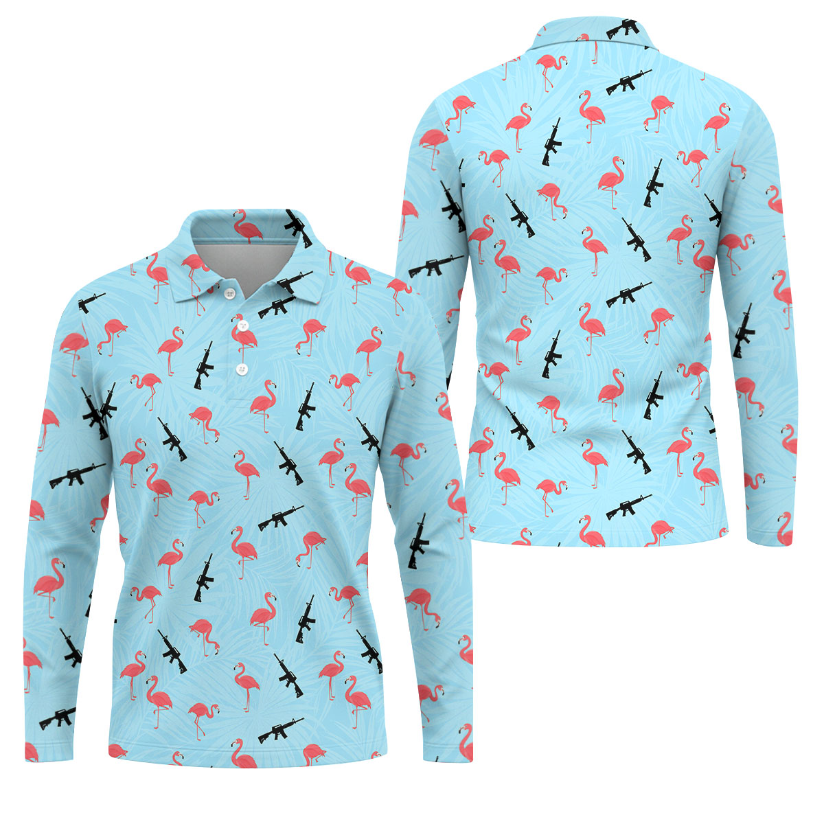 Light Blue Flamingo Pattern Golf Polo Shirt, Men's Golf Shirt, Golf Polo Shirts For Men