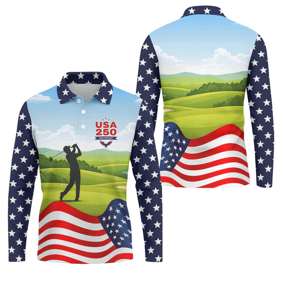 USA 250th Anniversary American Flag Golf Shirt, Patriotic 4th Of July Golf Shirts For Men