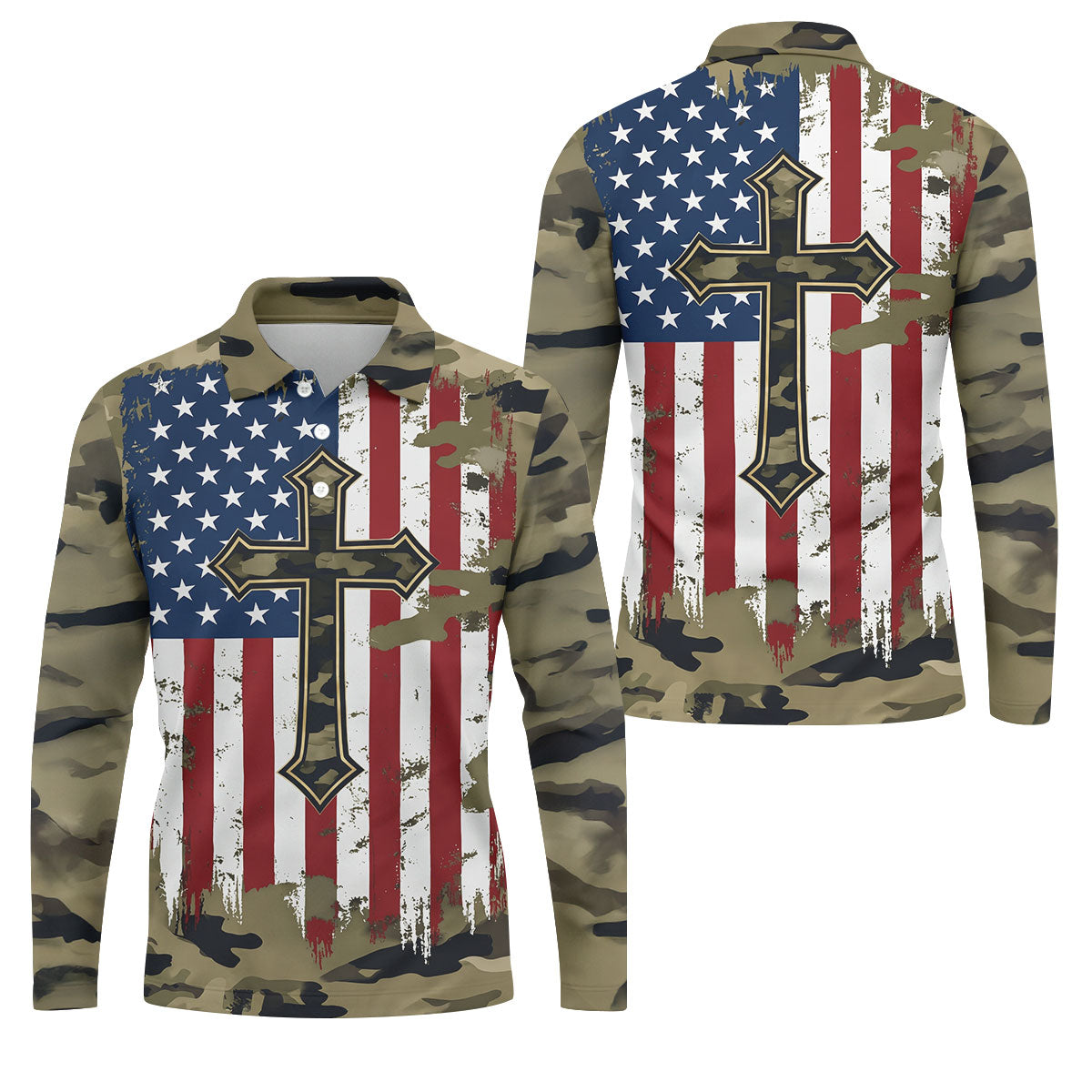 Faith Cross Green Camouflage US 250th Anniversary Golf Shirt, Patriotic Golf Shirt, Golf Shirts For Men