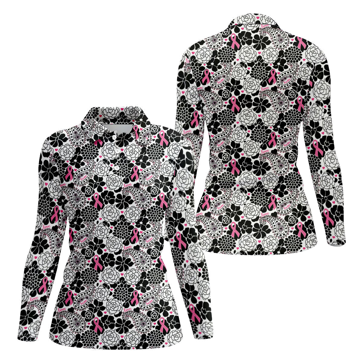 Pink Ribbon Floral Paisley Breast Cancer Golf Shirt, Women’s Golf Tops, Ladies Golf Shirts