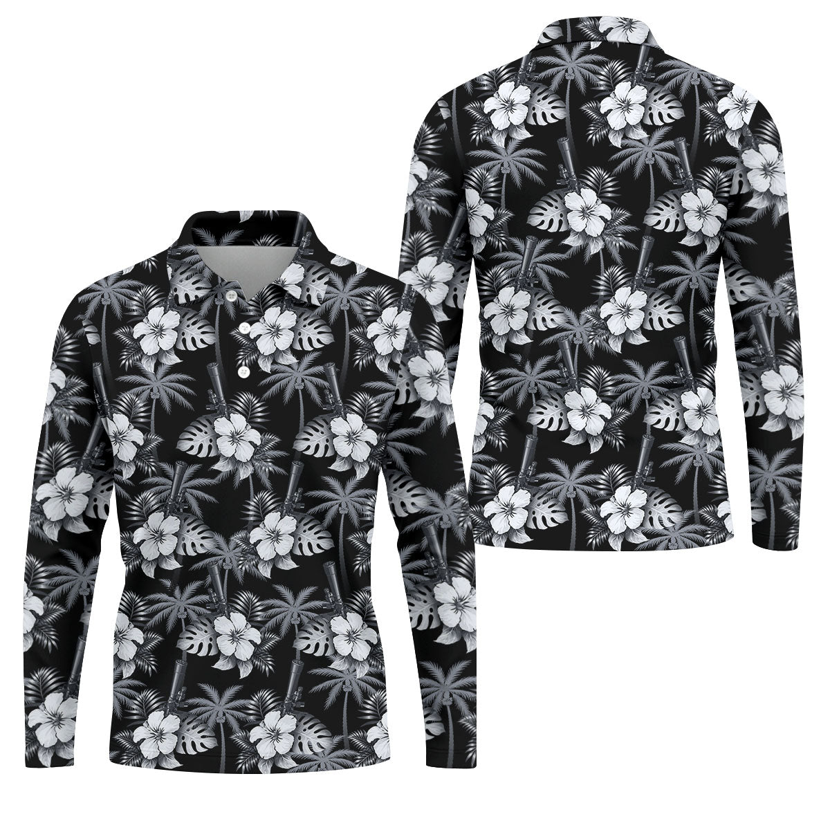 White Hibicus Black Hawaiian Golf Shirt, Tropical Summer Theme Golf Shirts For Men