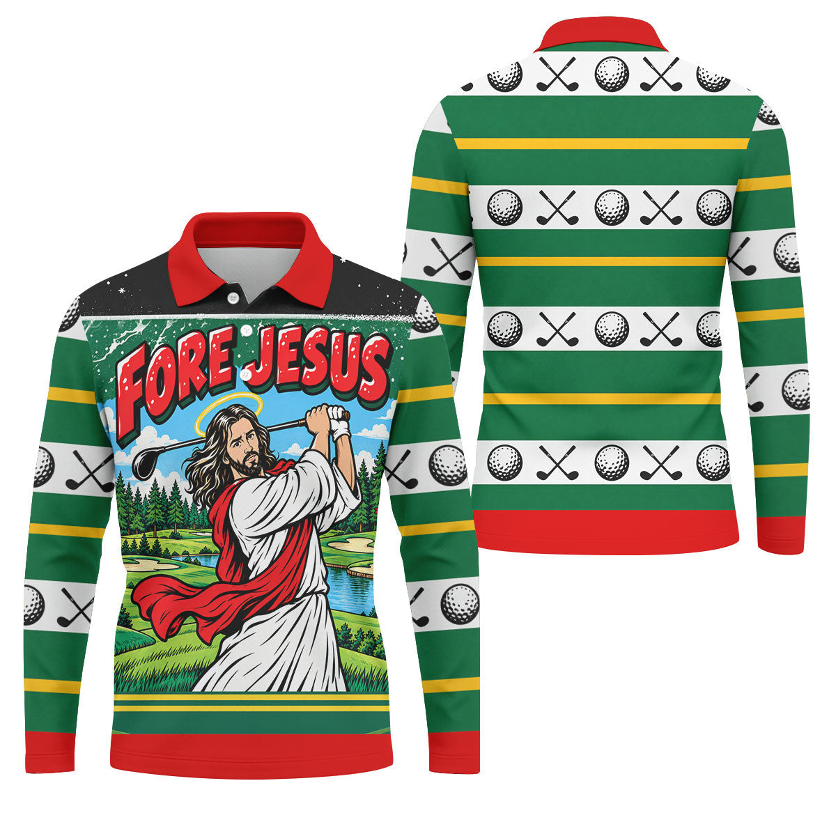 Fore Jesus Golf Swing Christmas Golf Shirt, Mens Golf Apparel, Mens Golf Clothing