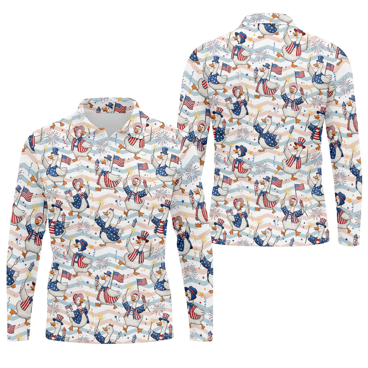 Patriotic Duck American Flag Fireworks Polo Shirt, Mens Golf Polo, Golf Shirts For Men
