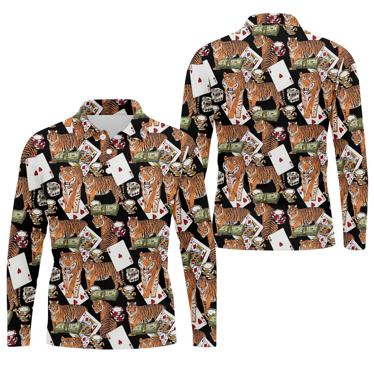 Money Tiger Poker Dice Chips And Cards Hawaiian Golf Shirt, Men's Funny Golf Shirts