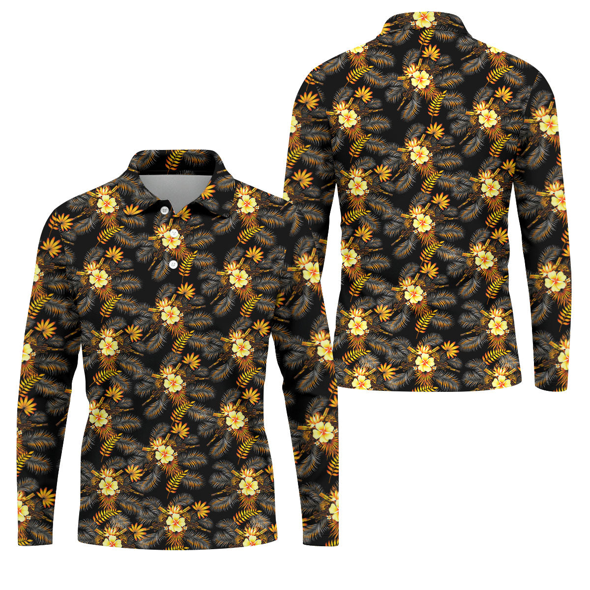 Yellow Hibiscus Flower Black Hawaiian Golf Shirt, Tropical Vibe Golf Shirts For Men
