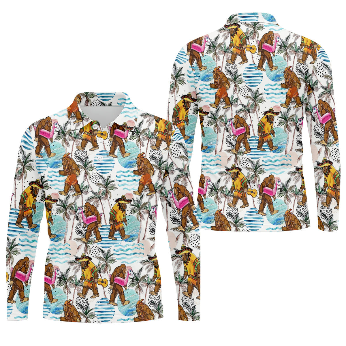 Bigfoot With Flamingo Float And Guitar Tropical Pattern Hawaiian Golf Polo, Golf Gift For Men, Golfing Apparel