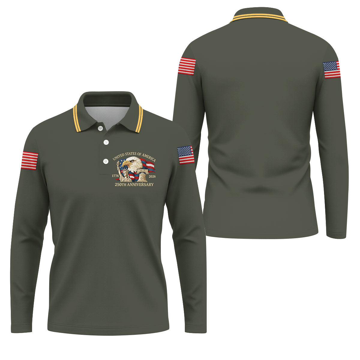 Bald Eagle American Flag 250 Years Green Golf Shirt, Patriotic 4th Of July Golf Shirts For Men