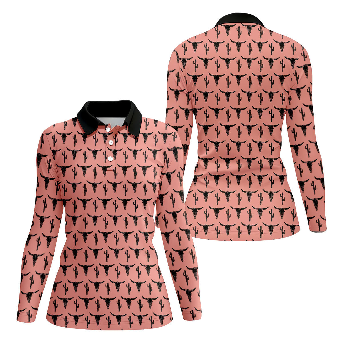 Longhorn Cow Skull Western Theme Peach Pink Women Golf Top, Ladies Golf Shirts, Golf Shirt For Women