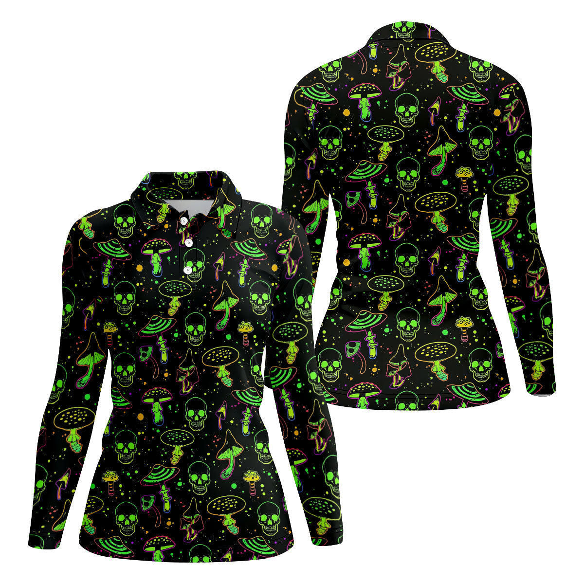 Mushroom And Skull Neon Pattern Hawaiian Golf Shirt, Fun Golf Shirt, Women's Golf Tops