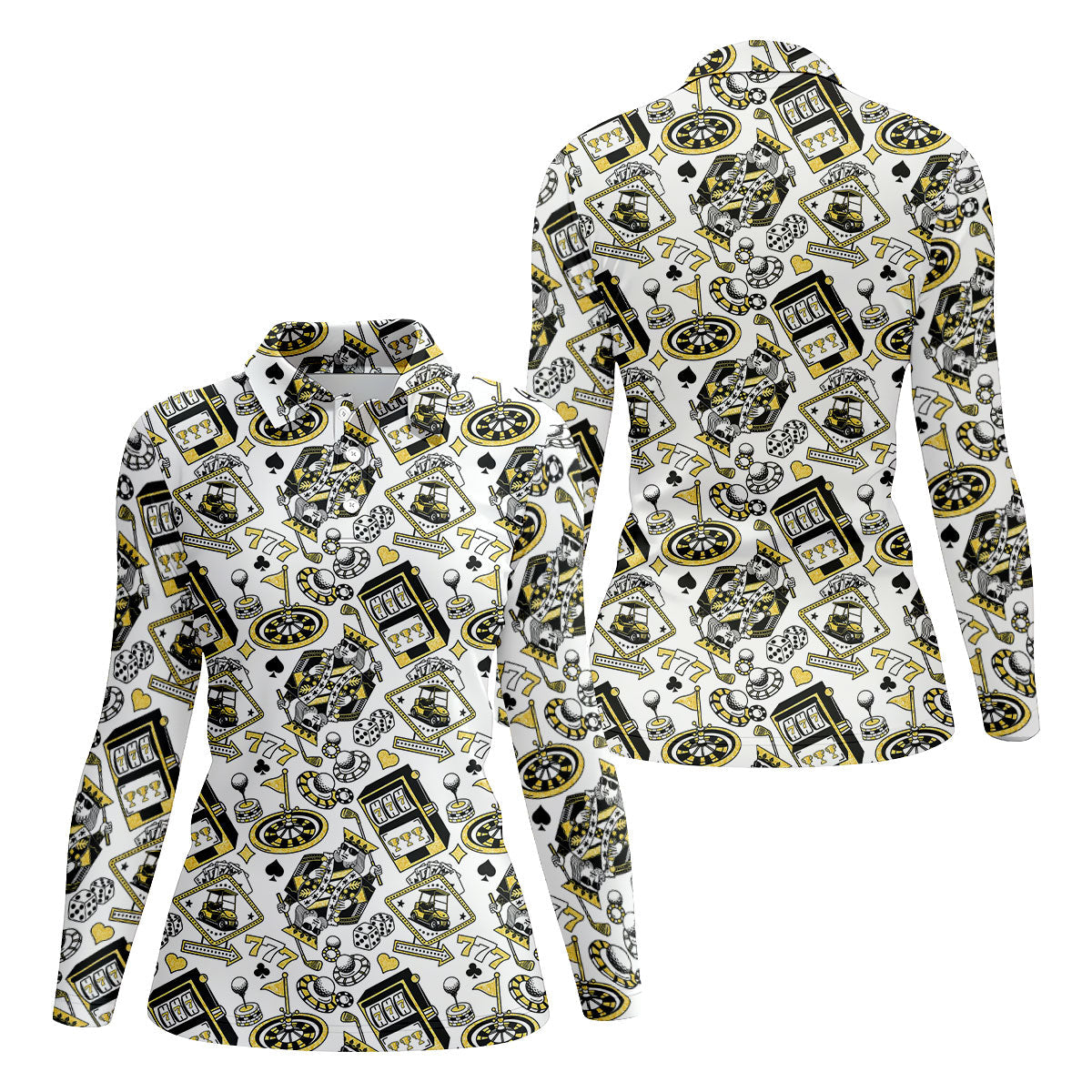 Casino Golf Pattern White Hawaiian Golf Polo Shirt, Women's Golf Tops, Golf Polo For Women