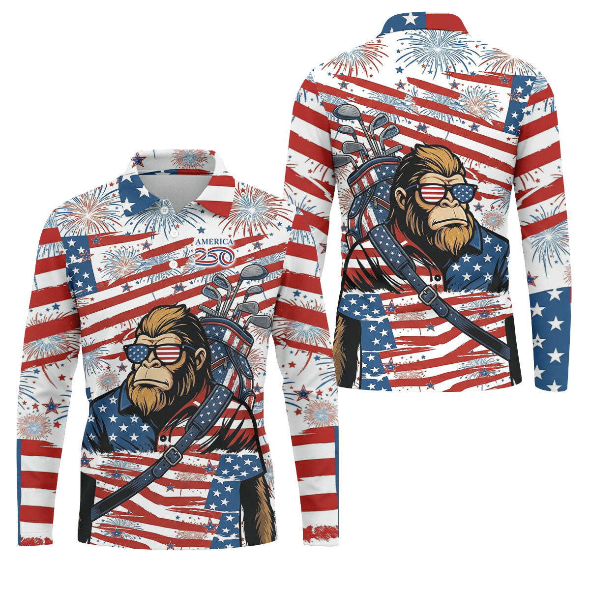 Red White Blue Stars And Stripes 250 Years Bigfoot Golf Shirt, Patriotic 4th Of July Golf Shirts For Men