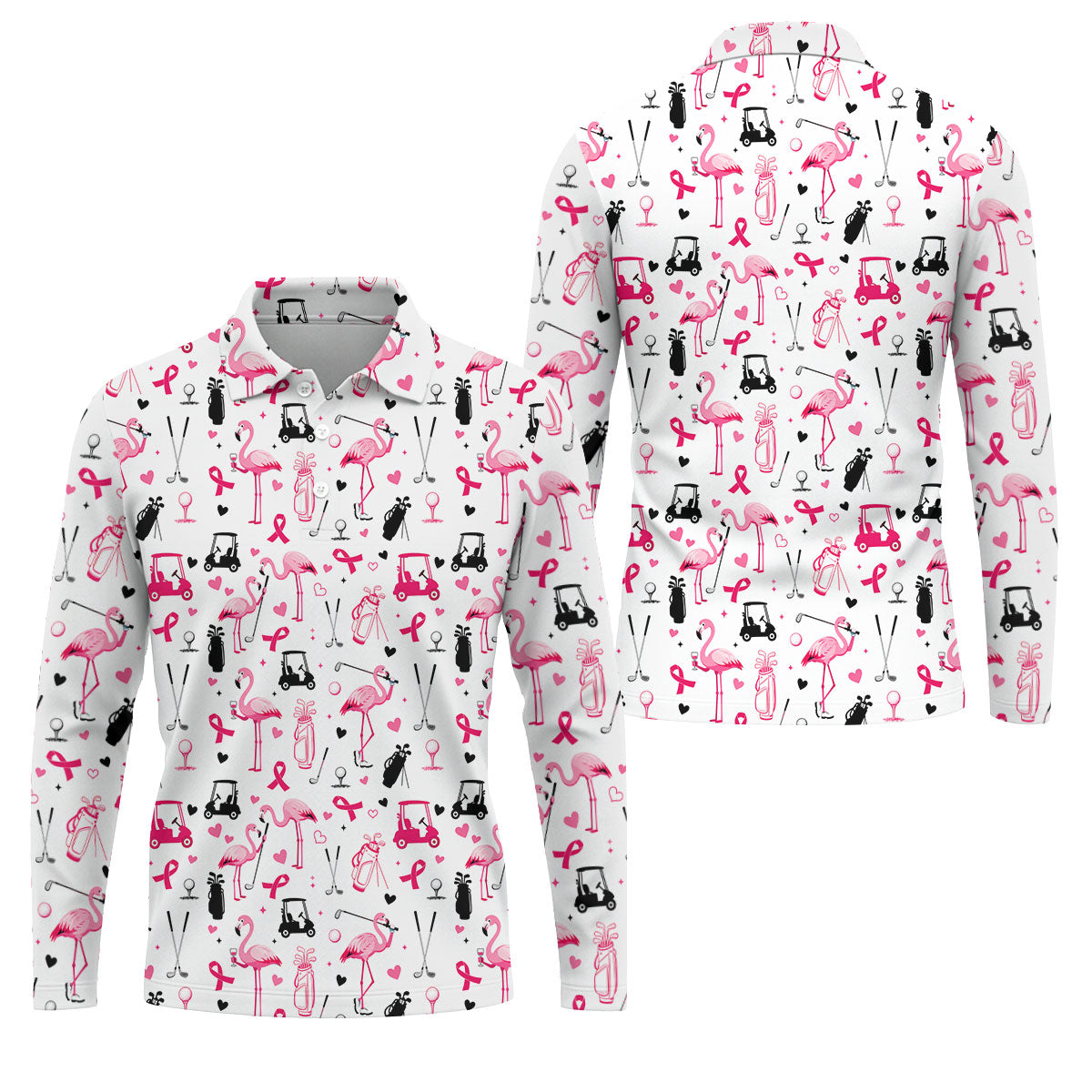 Pink Flamingo Golf Pattern Breast Cancer Polo Shirt, Hawaiian Shirts For Men, Mens Golf Polo
