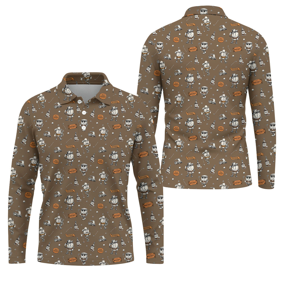 Funny Bourbon Whiskey Golf Pattern Polo Shirt, Men's Golf Apparel, Novelty Golf Shirts For Men
