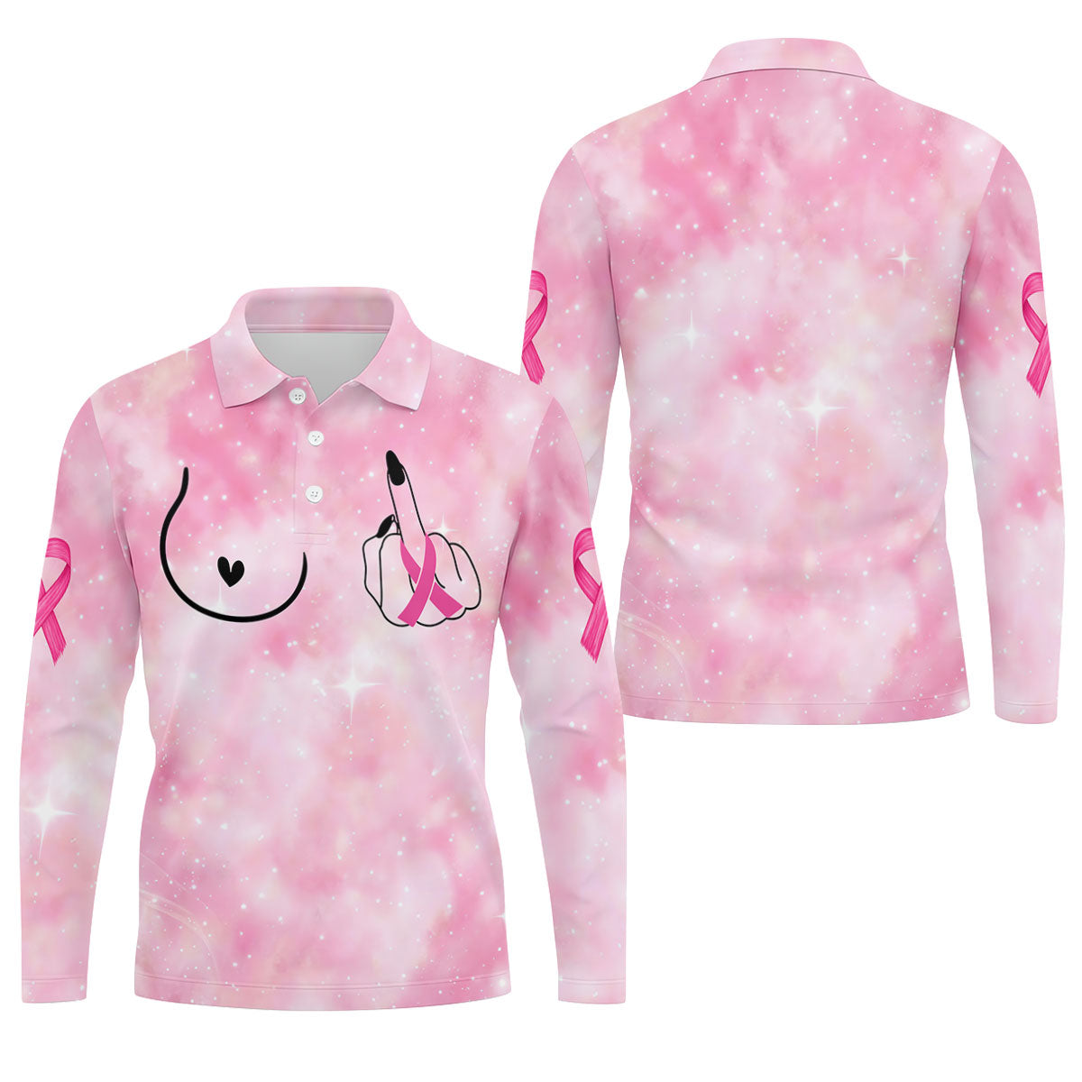 Pink Ribbon Middle Finger Breast Cancer Polo Shirt, Mens Golf Polo, Printed Golf Shirts