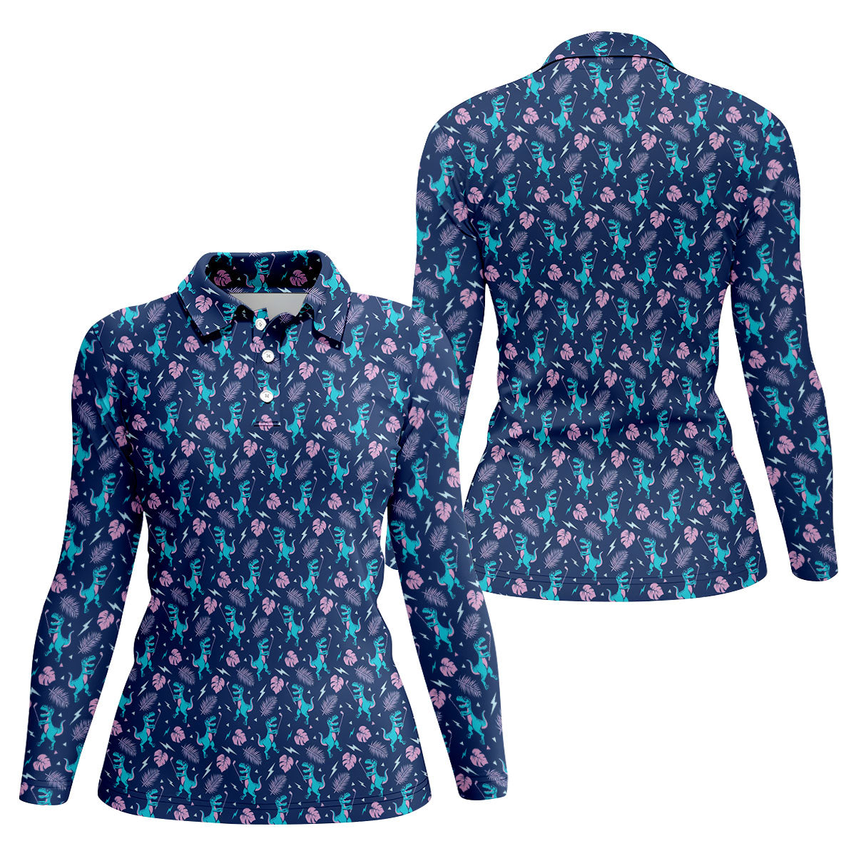 Funny Dinosaur Golfer Tropical Pattern Polo Shirt, Womens Golf Tops, Ladies Golf Shirts
