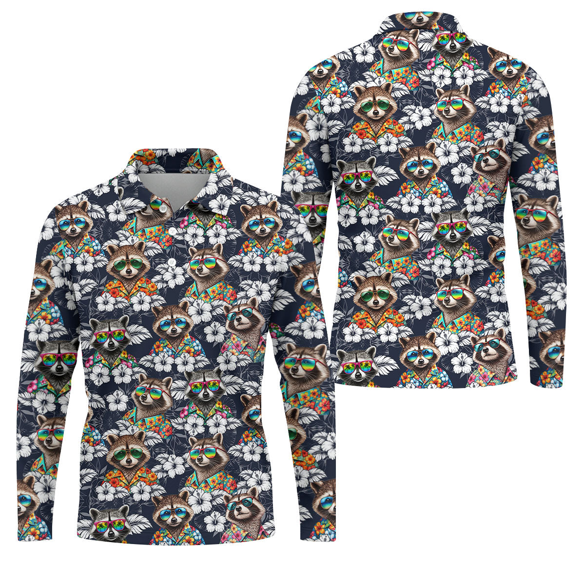 Cool Raccoons in Rainbow Sunglasses Hawaiian Golf Polo, Golf Tops For Men, Golfing Apparel