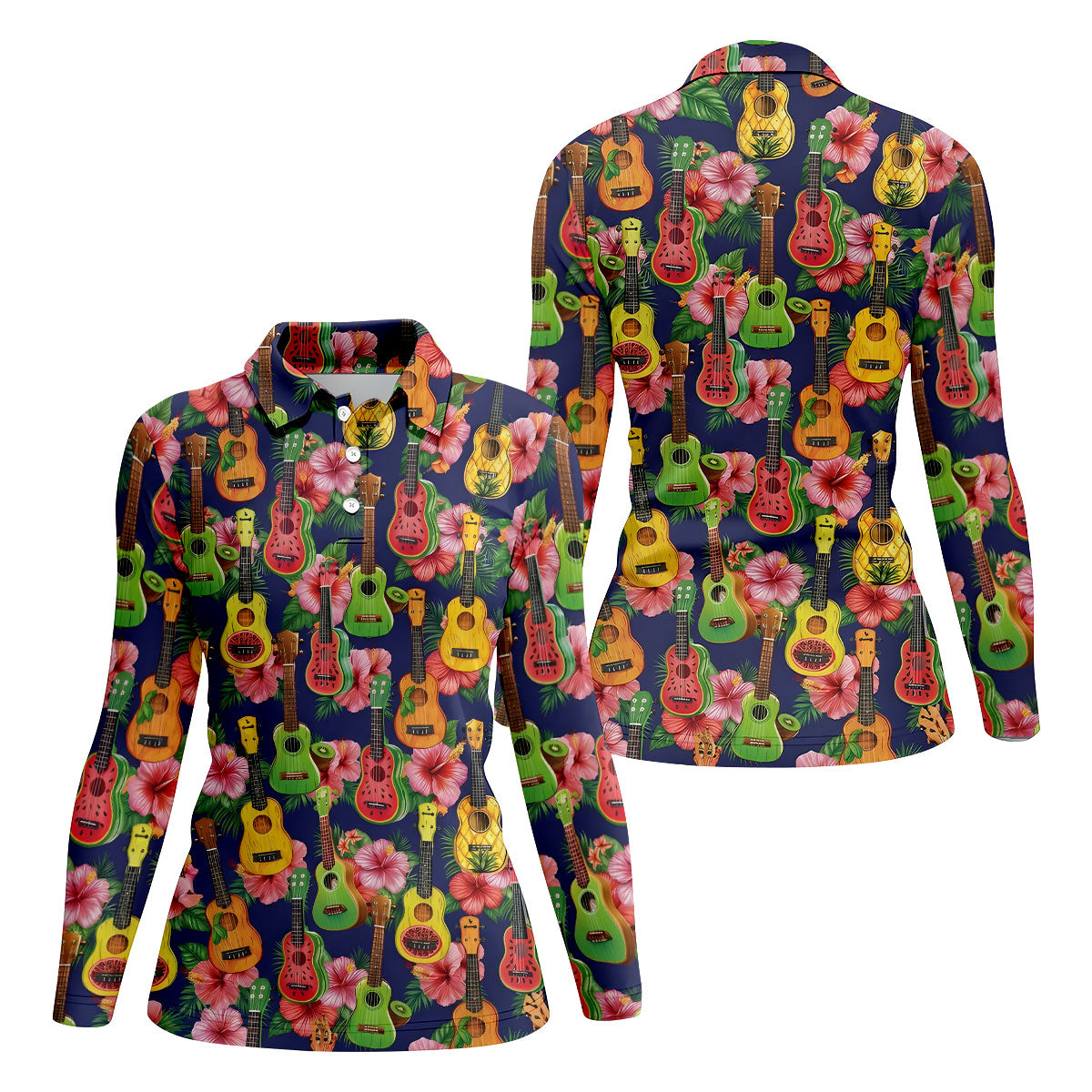 Tropical Ukulele Fruit Pattern 250 Retro Golf Shirt, Hawaiian Vibe Golf Shirt For Women