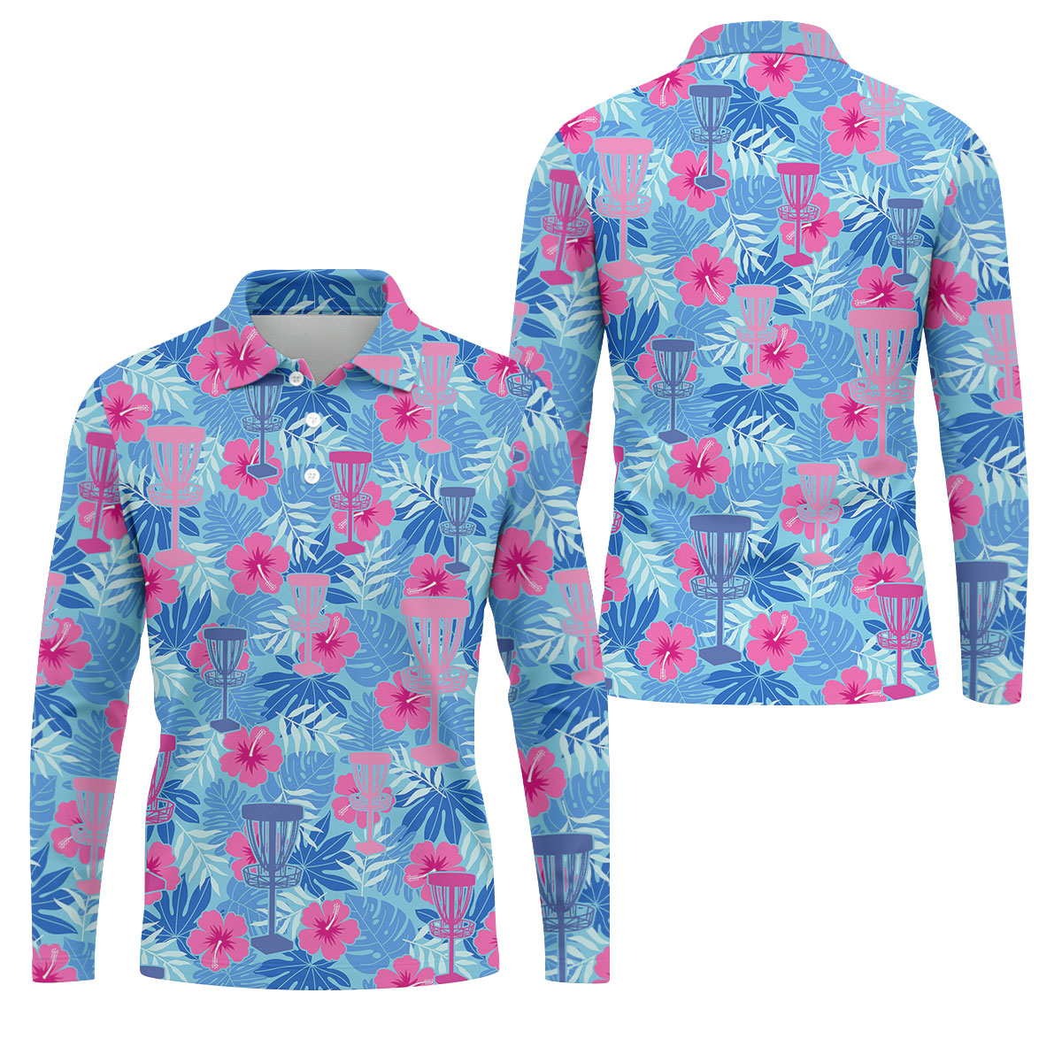 Blue Hibiscus Disc Golf Polo Shirt, Hawaiian Golf Shirt, Mens Golf Shirts