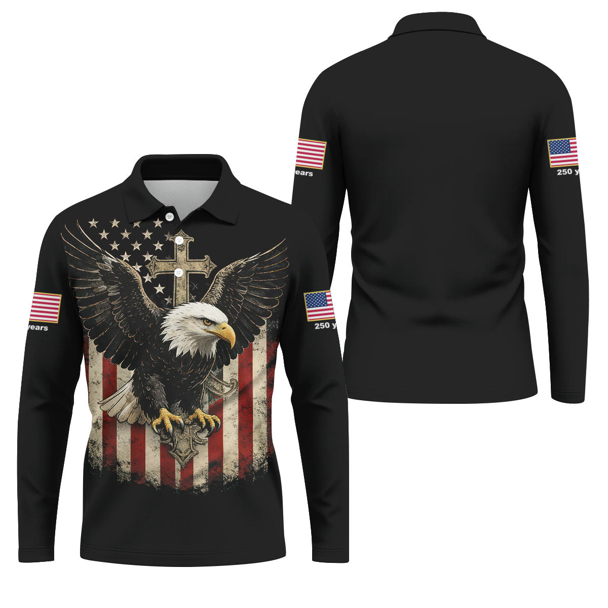 Faith Cross Bald Eagle And US Flag Black Golf Shirt, Patriotic 4th Of July Golf Shirts For Men