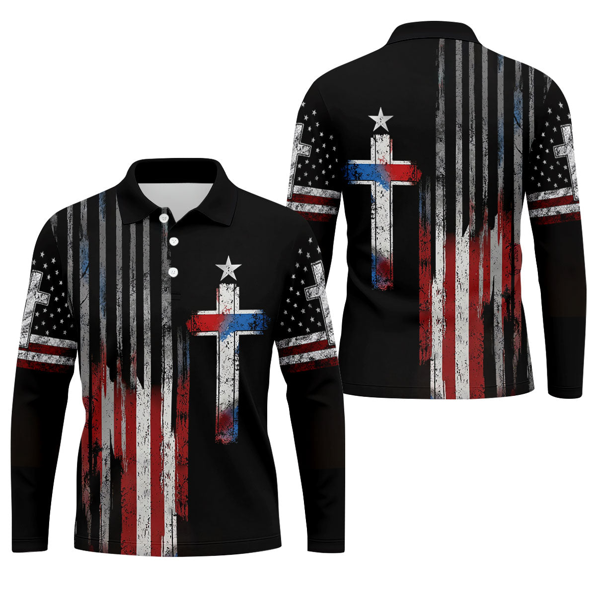 Faith Cross US Flag Golf Shirt, 250 Years Retro Golf Shirt, Patriotic 4th Of July Polo Shirts For Men