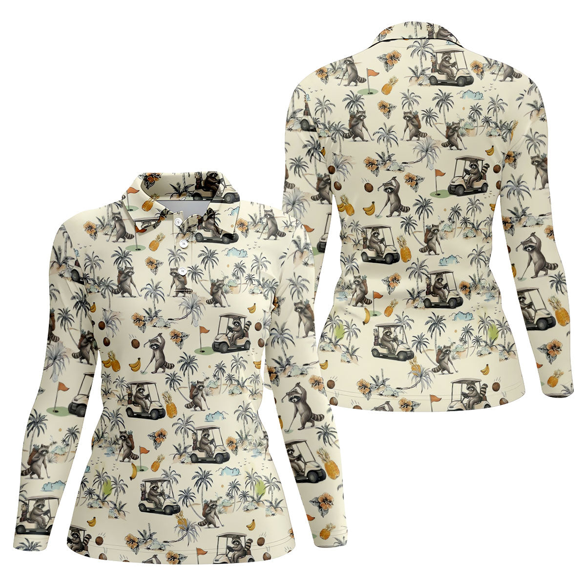 Funny Raccoon Golf Cart Tropical Pattern Polo Shirt, Womens Golf Polo, Ladies Golf Top
