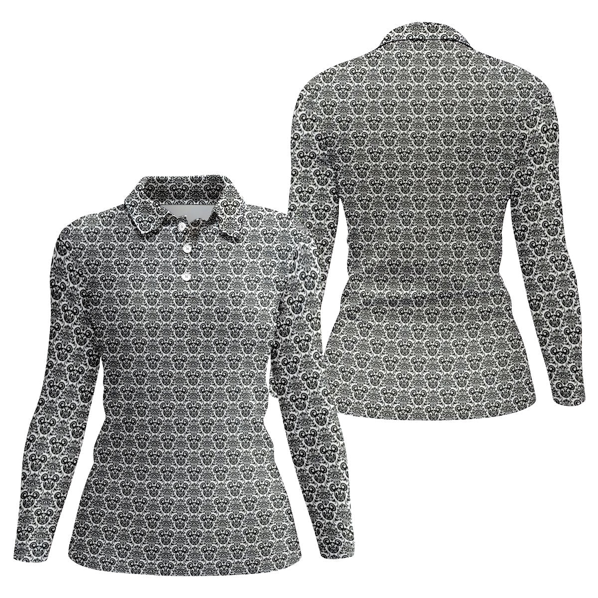 Vintage Monochrome Damask Golf Polo Shirt, Golf Polo For Women, Ladies Golf Top