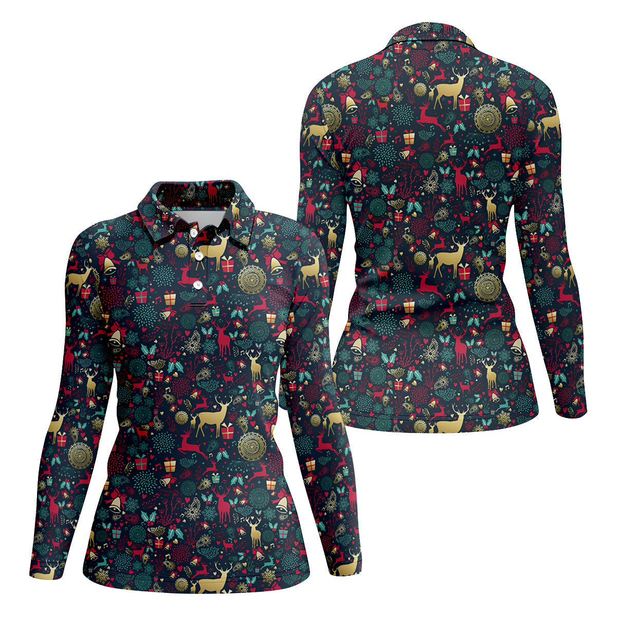 Vintage Reindeer Bell Dark Navy Christmas Golf Tops For Women, Gift Christmas Golf Shirt Polos, Ladies Golf Apparel