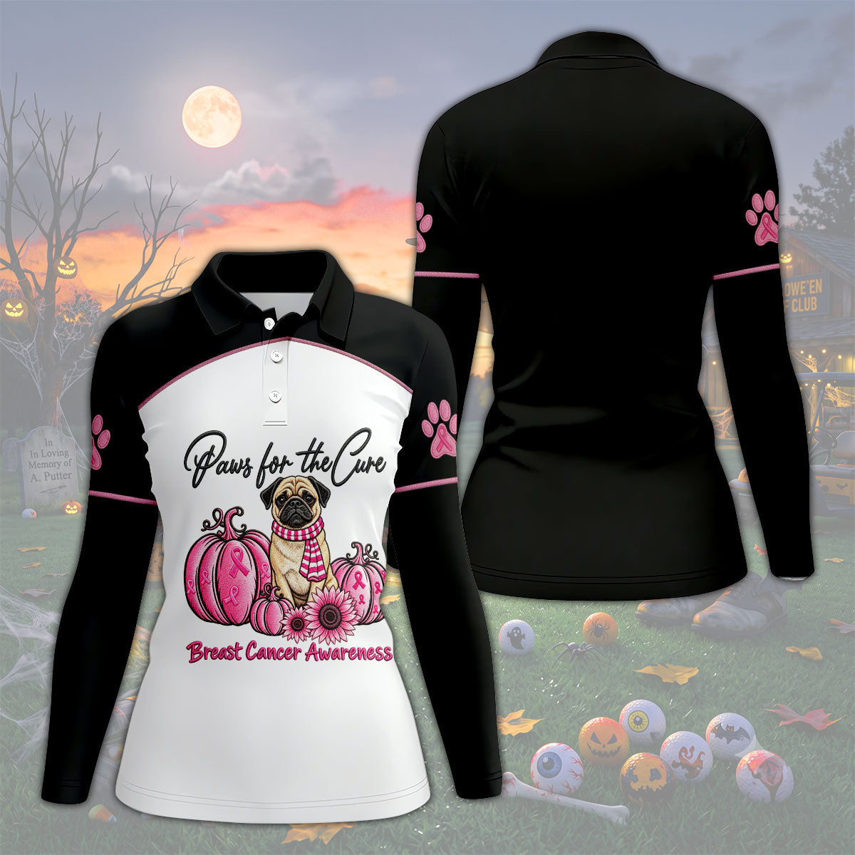 Paws For The Cure Pug Breast Cancer Polo Shirt, Womens Golf Polo, Golf Tops For Women