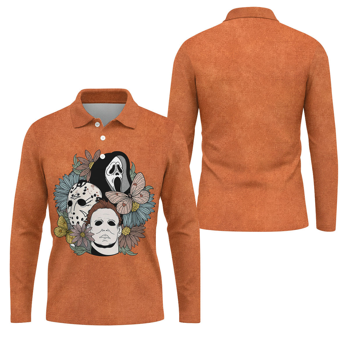 Floral Horror Mask Trio Halloween Golf Polo Shirt, Men's Golf Shirt, Mens Golf Apparel