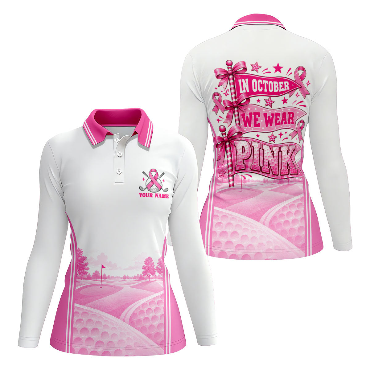 In October We Wear Pink Breast Cancer Polo Shirt, Golf Tops For Women, Ladies Golf Tops