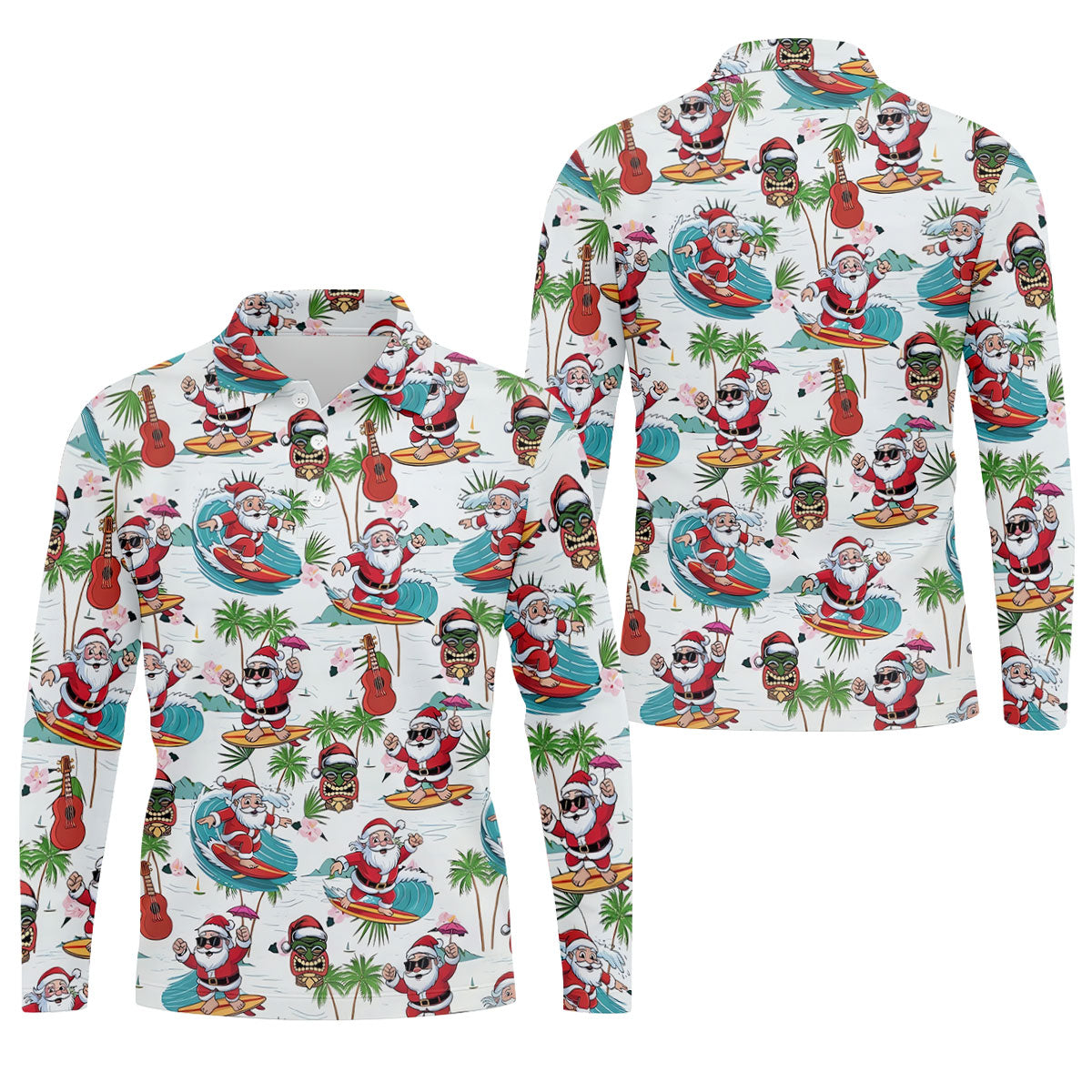 Surfing Santa Tropical Christmas Golf Shirt, Christmas Golf Shirt, Golf Apparel For Men