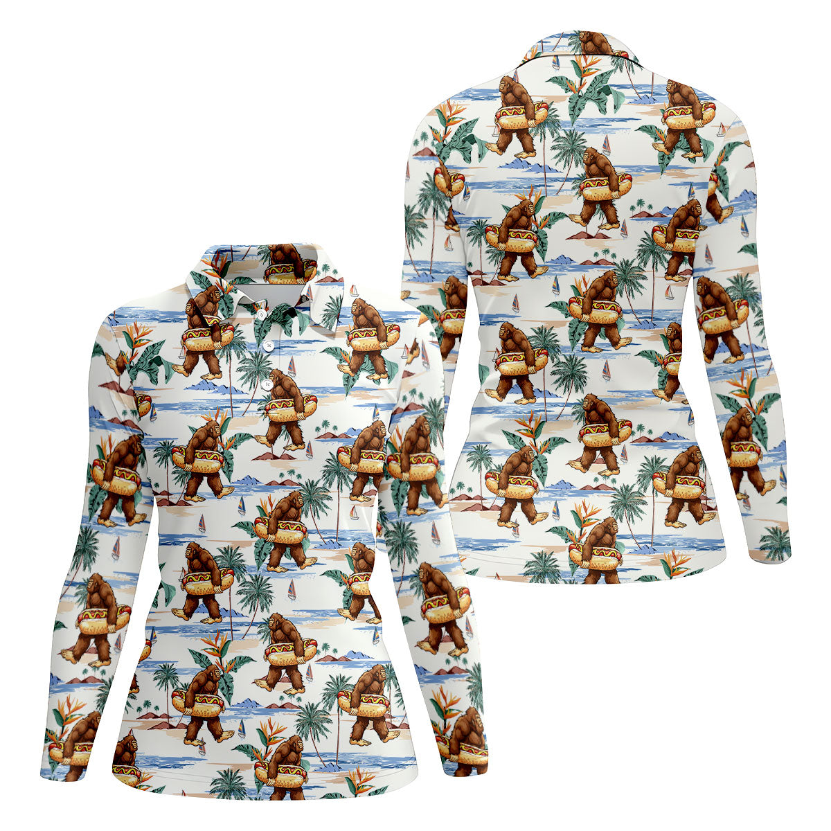 Bigfoot Hot Dog Beach Hawaiian Shirt, Women’s Golf Polo, Golf Tops For Women, Women’s Golf Apparel