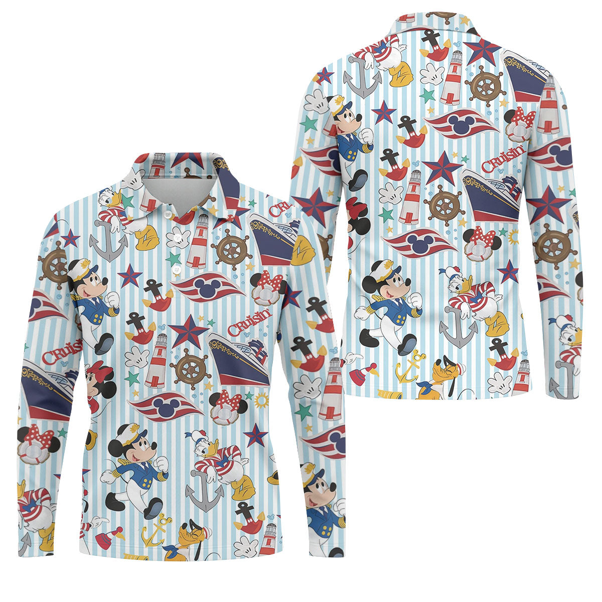 Nautical Cruise Cartoon Pattern Golf Polo Shirt, Golf Shirts For Men, Mens Golf Polo
