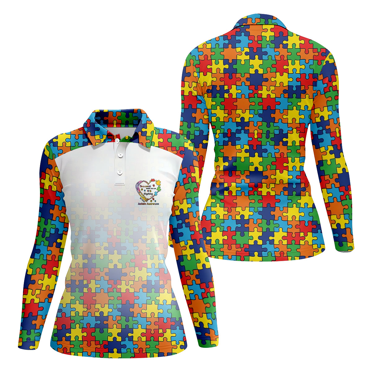 In A World Where You Can Be Anything Be Kind Autism Awareness Puzzle Pattern White Fade Women's Golf Tops