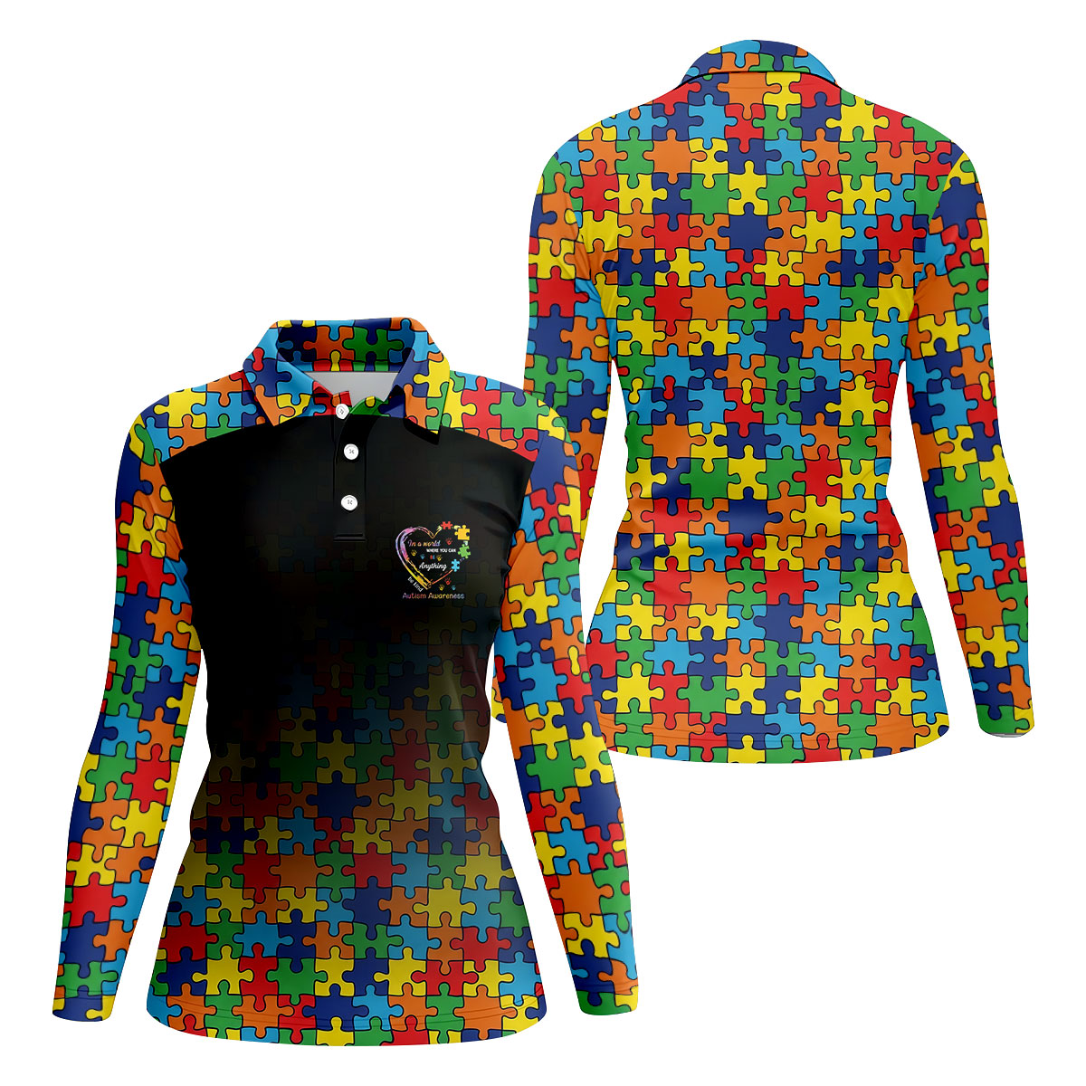 In A World Where You Can Be Anything Be Kind Autism Awareness Puzzle Pattern Black Fade Golf Shirt For Women