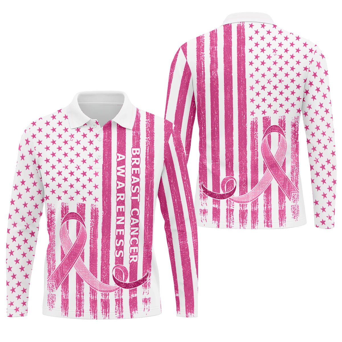 American Flag Breast Cancer Ribbon Polo Shirt, Mens Golf Polo, Printed Golf Shirts