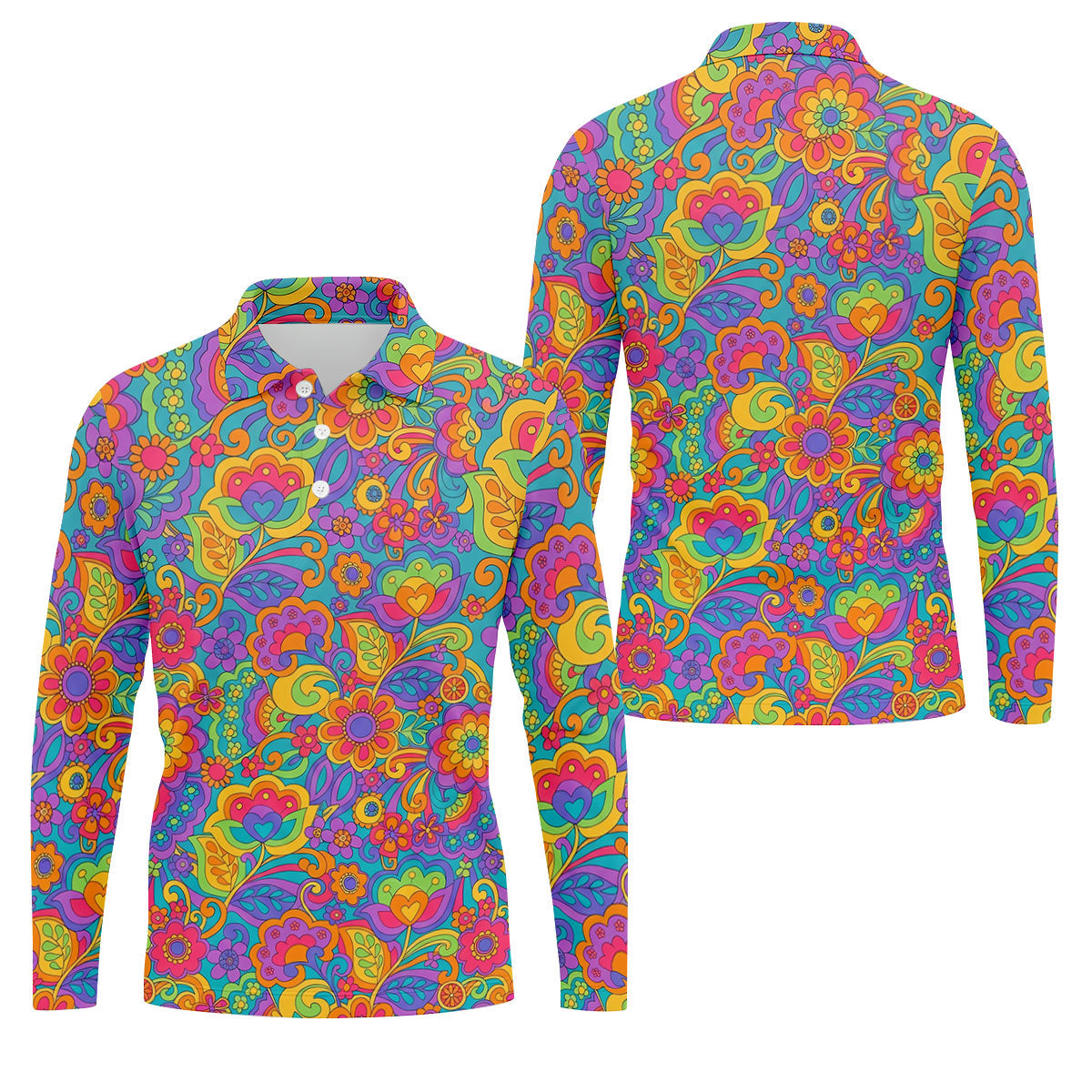 Vintage Psychedelic Floral Pattern Hawaiian Golf Shirt, Mens Golf Shirts, Golf Polo Shirts For Men