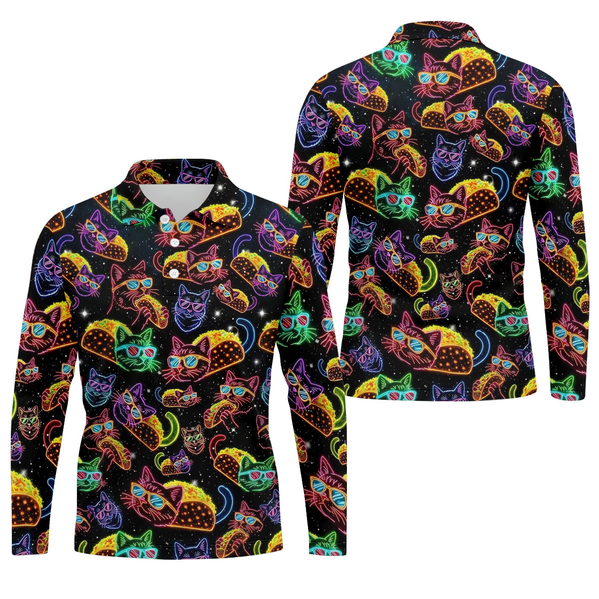 Neon Cat Taco Fiesta Time Hawaiian Golf Shirt, Cinco De Mayo Celebration Golf Shirts For Men