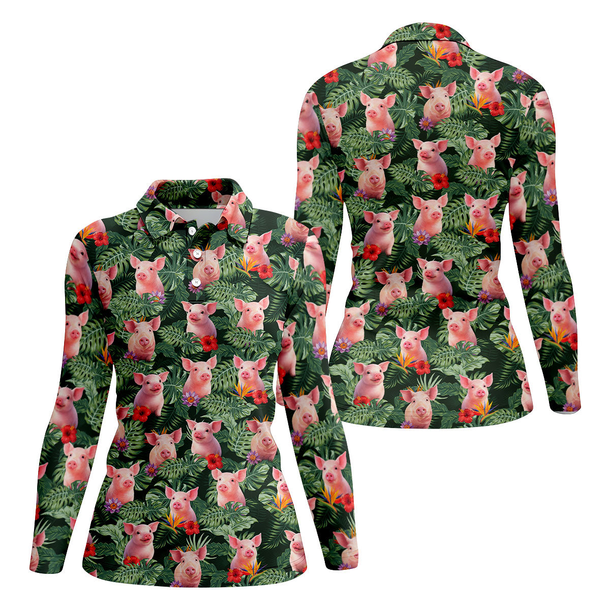 Cute Pig Tropical Monstera Hawaiian Golf Polo Shirt, Golf Shirts For Women, Women's Golf Apparel