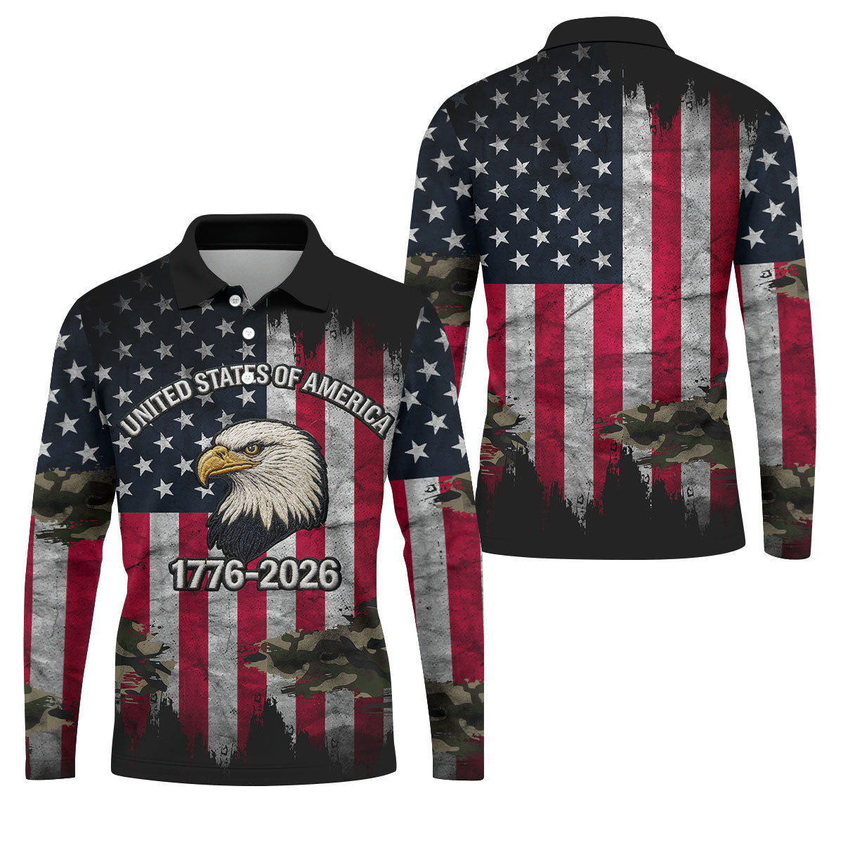 USA Bald Eagle 250 Years Camo American Flag Golf Shirt, Patriotic 4th Of July Golf Shirts For Men
