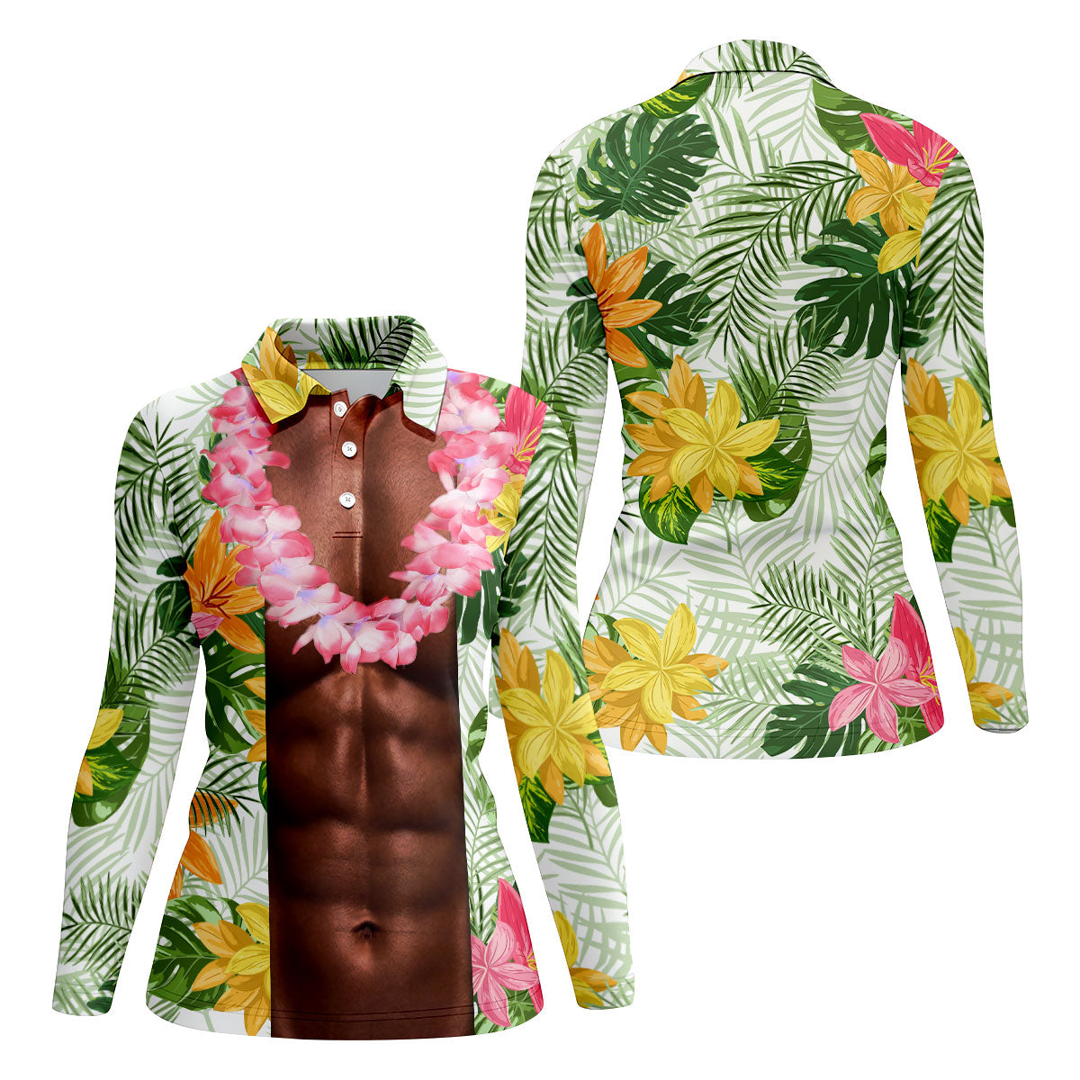 Tan Skin Tropical Muscle Chest Hawaiian Golf Polo Shirt, Women's Golf Tops, Performance Golf Shirt
