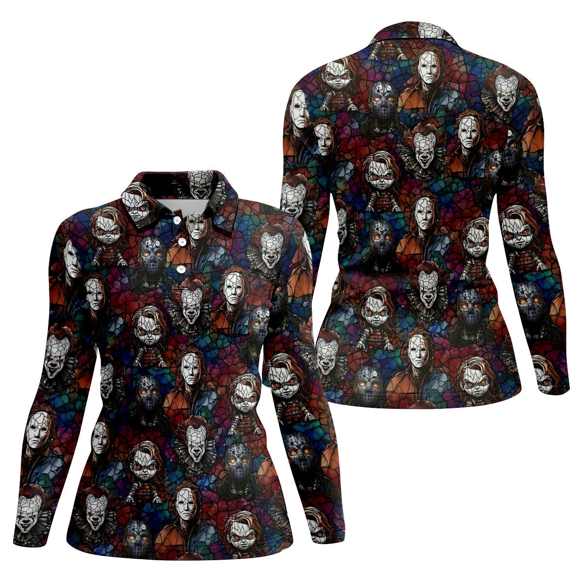 Stained Glass Horror Character Halloween Golf Shirt, Ladies Golf Shirts, Women’s Golf Polo